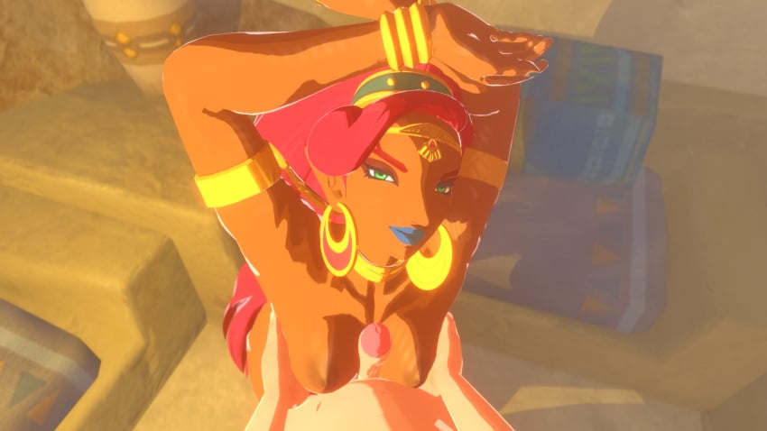 1girl1boy 3d blue_lipstick dark_areola dark_skin gerudo hands_up jewelry looking_at_viewer medium_breasts nintendo nodusfm red_hair the_legend_of_zelda the_legend_of_zelda:_breath_of_the_wild titjob urbosa