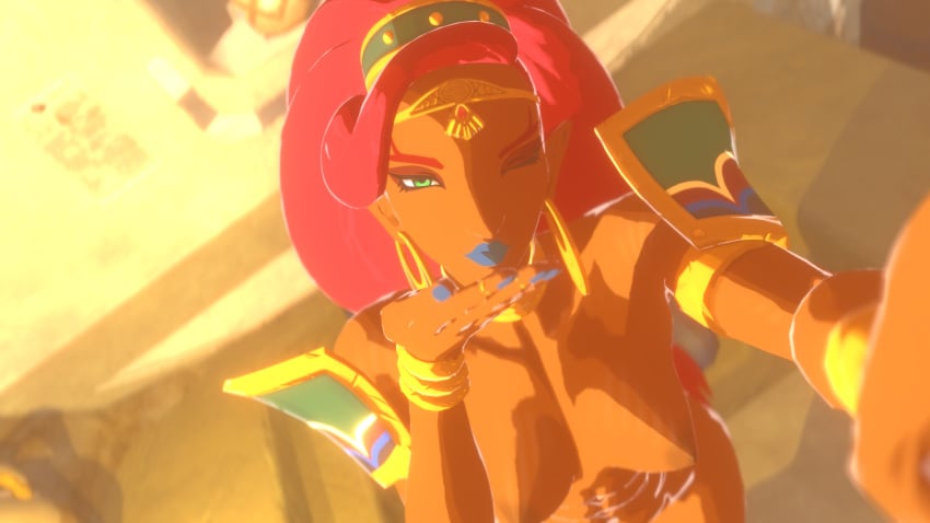 1girls 3d blowing_kiss blue_lipstick breasts dark-skinned_female dark_skin female gerudo nintendo nodusfm red_hair selfie the_legend_of_zelda the_legend_of_zelda:_breath_of_the_wild tits_out topless urbosa winking_at_viewer