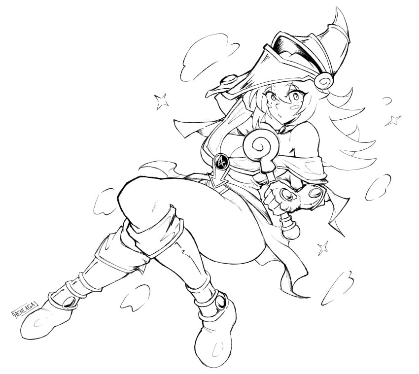 1girls artist_name big_breasts black_and_white boots breasts cleavage clothed cute cute_face dark_magician_girl female gloves hat large_breasts long_hair looking_at_viewer monochrome revealing_clothes sideboob solo solo_female star thick_thighs thighs wand yu-gi-oh!
