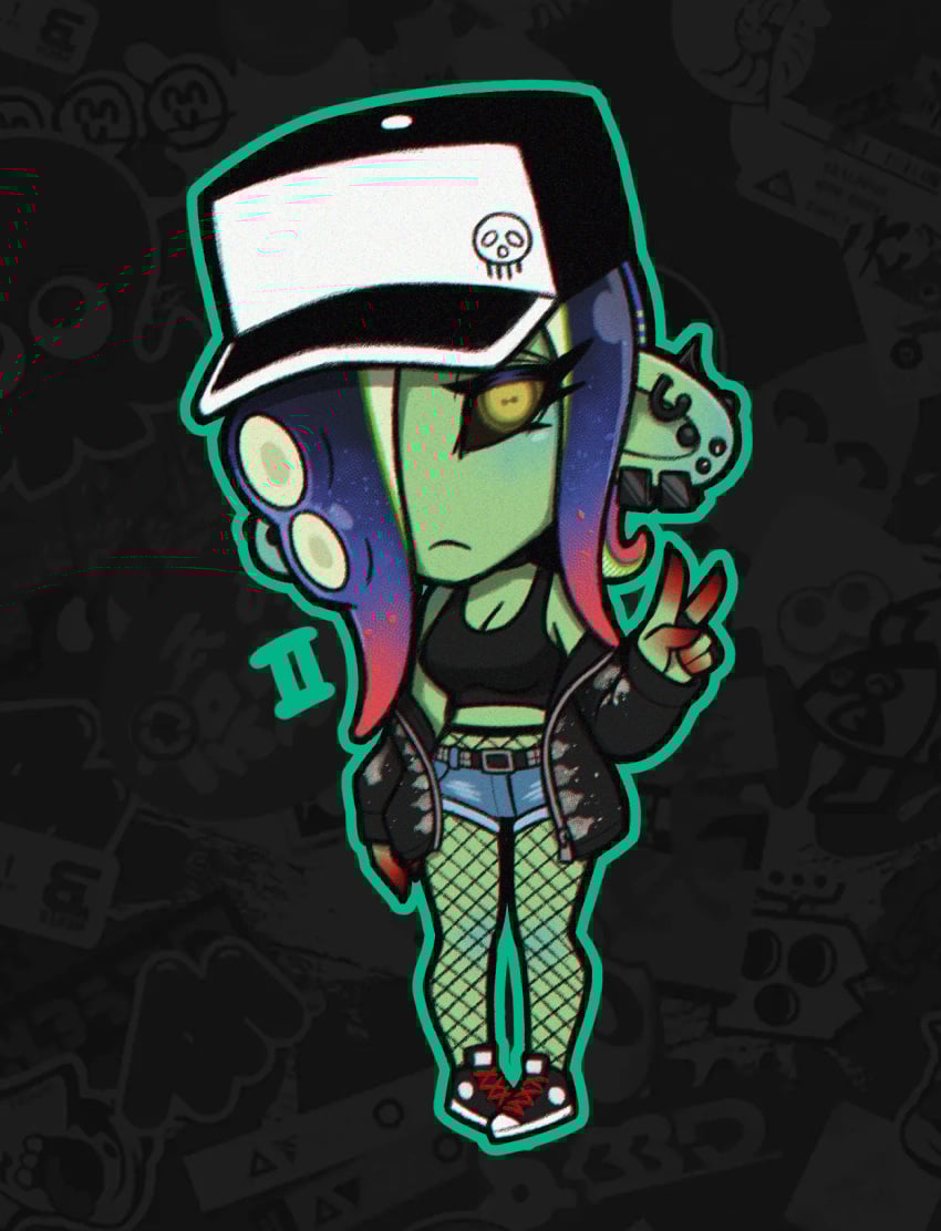 1girls 2d_(artwork) acht_(splatoon) chibi chibi_style cleavage dedf1sh digital_drawing_(artwork) digital_media_(artwork) female female_focus female_only fishnet_legwear fishnet_stockings fishnets jacket looking_at_viewer mizuta_ahato_(splatoon) peace_sign sanitized_(splatoon) sanitized_octoling shorts splatoon splatoon_3 splatoon_3:_side_order tank_top v vaporeight yellow_eyes