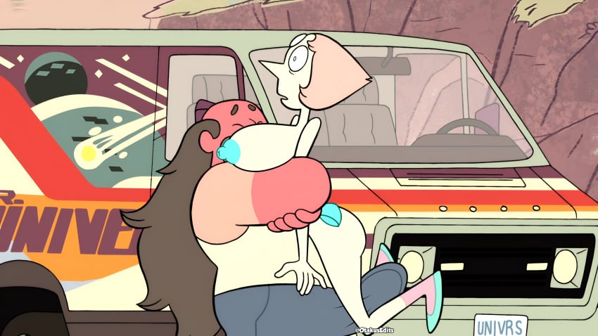 accurate_art_style breasts breasts_out cartoon_network gem_(species) gem_on_forehead greg_universe hugging otakusedits pearl_(steven_universe) screenshot screenshot_edit steven_universe van