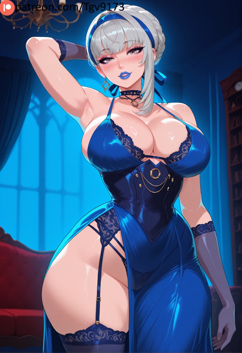 1girls ai_generated arm_behind_head arm_up armpits bangs bare_shoulders blue_dress blue_gloves blue_lips blue_lipstick blush braid breasts choker cleavage curvy dress earrings elbow_gloves evening_gown female garter_straps gloves grey_eyes grey_hair hairband indoors jewelry lace-trimmed_legwear lace_trim large_breasts lipstick looking_at_viewer makeup merope_(persona) milf panties persona persona_5 persona_5:_the_phantom_x side_slit sleeveless solo tgv9173 thick_thighs thighhighs thighs underwear wide_hips