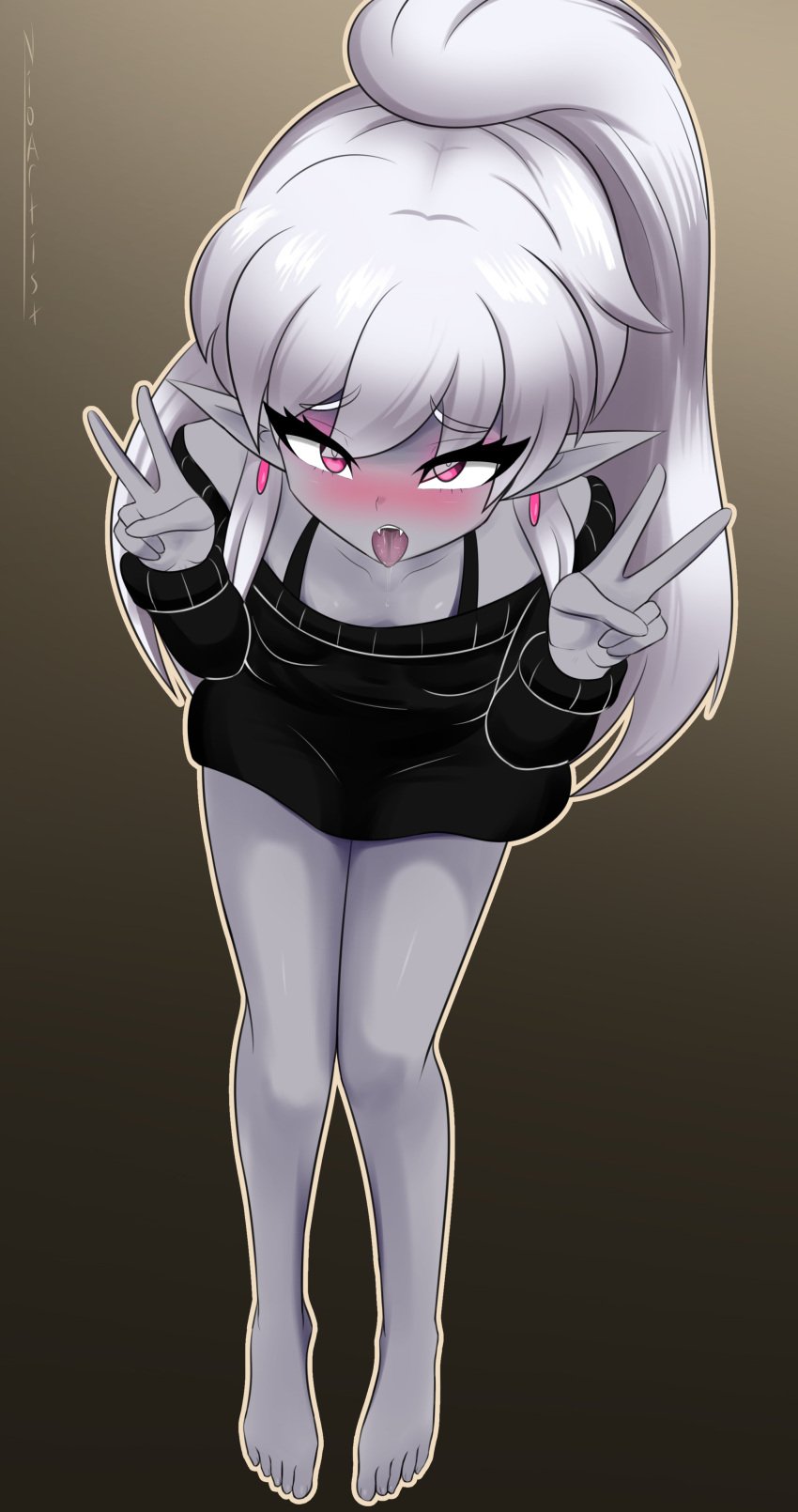 ahe_gao ahegao_face blush blushing_at_viewer blushing_female bra_strap busujimabibi clothed drow earrings elf elf_ears elf_female elf_girl exposed_shoulders fangs grey_body grey_skin indie_virtual_youtuber indie_vtuber jewelry looking_at_viewer nioartist no_pants peace_sign pointed_ears pointy_ears ponytail purple_eyes saliva sitting small_breasts tongue tongue_out virtual_youtuber vtuber vtuberfanart white_hair