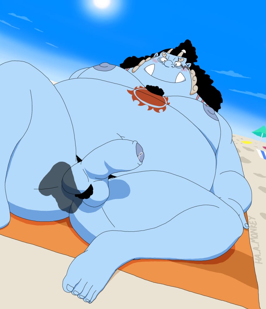anal anal_prodding beach blue_body blue_skin blush bodily_fluids disembodied_penis duo fish-men_(one_piece) foreskin gay genital_fluids genitals ha_a_monkey hi_res humanoid jinbe leaking leaking_precum lying male male/male male_only marine moobs nipples nude one-piece one_piece overweight overweight_bottom overweight_male penis precum prodding public public_nudity public_sex sex sex_on_the_beach smile spread_legs spreading tattoo tusks uncircumcised