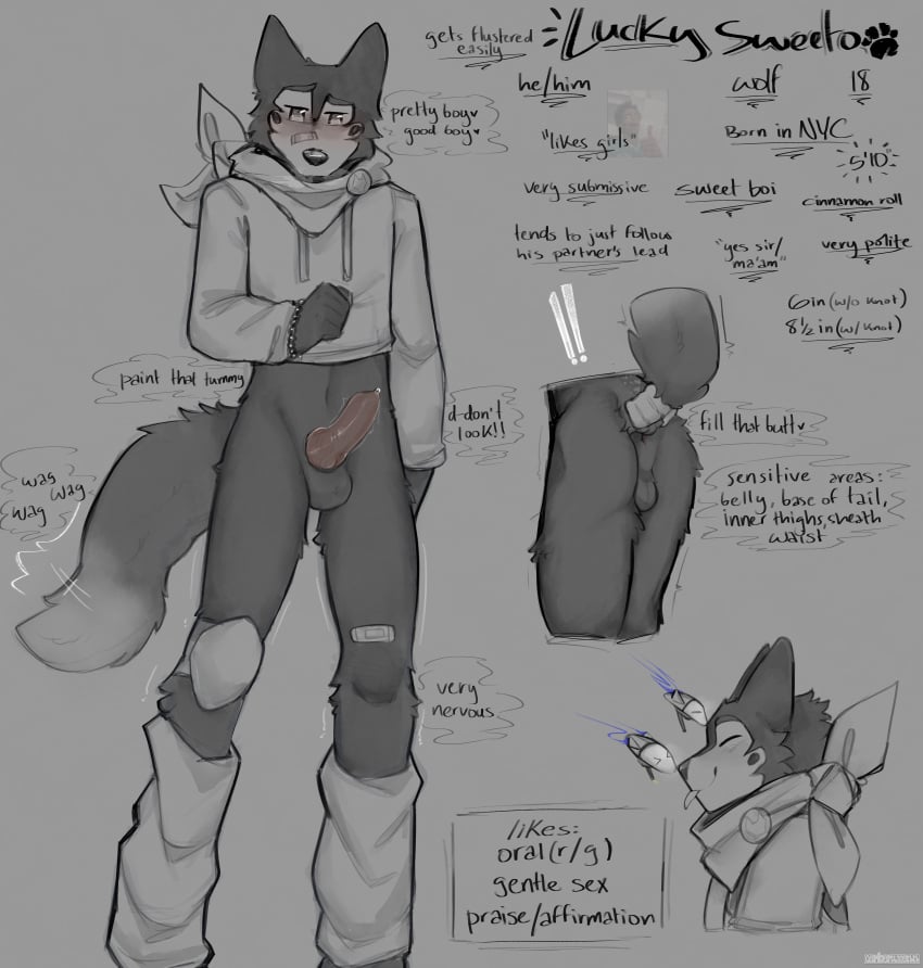 absurd_res animal_genitalia animal_penis anthro anus ass assisted_exposure backsack balls band-aid band-aid_on_face band-aid_on_leg bandage bandage_on_face black_body black_fur blush bodily_fluids bracelet breath bulge canid canine canine_genitalia canine_penis canis cerberussenn character_bio clothing cropped_hoodie dipstick_tail encouragement english_text flustered fur genital_fluids genitals heart_symbol hi_res in_denial jewelry kerchief knee_pads knot leg_warmers legwear lucky_sweeto_(cerberussenn) male mammal markings medallion midriff mole_(marking) narrowed_eyes neckerchief neckwear nervous penis pie_cut_eyes pleading_eyes precum pronouns shaking shy signature sketch_page slim_male smile solo stated_age stated_gender stated_height stated_penis_size stated_sexuality submissive tail tail_grab tail_markings tail_motion tailwag technology text throbbing throbbing_penis tongue tongue_out trembling v-line wolf