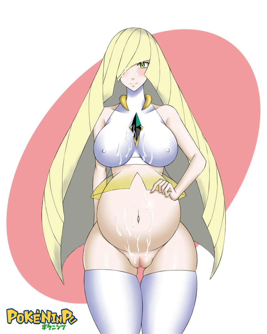 1girls aether_foundation belly big_breasts blonde_hair blush bottomless cum cum_on_body cum_on_breasts cum_on_pregnant_belly eye_contact green_eyes large_breasts long_blonde_hair long_hair looking_at_viewer lusamine_(pokemon) mature_female milf mosaic_censoring mother nintendo no_panties pale-skinned_female pale_skin pokemon pokemon_sm pokeninpu pregnant pussy standing thick_thighs thigh_gap thighhighs wide_hips