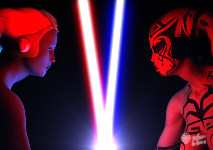 2girls 3d aayla_secura alien blue_skin darth_hell darth_talon female female_only jedi lightsaber multiple_girls red_skin sith star_wars star_wars:_legacy tattoo twi'lek