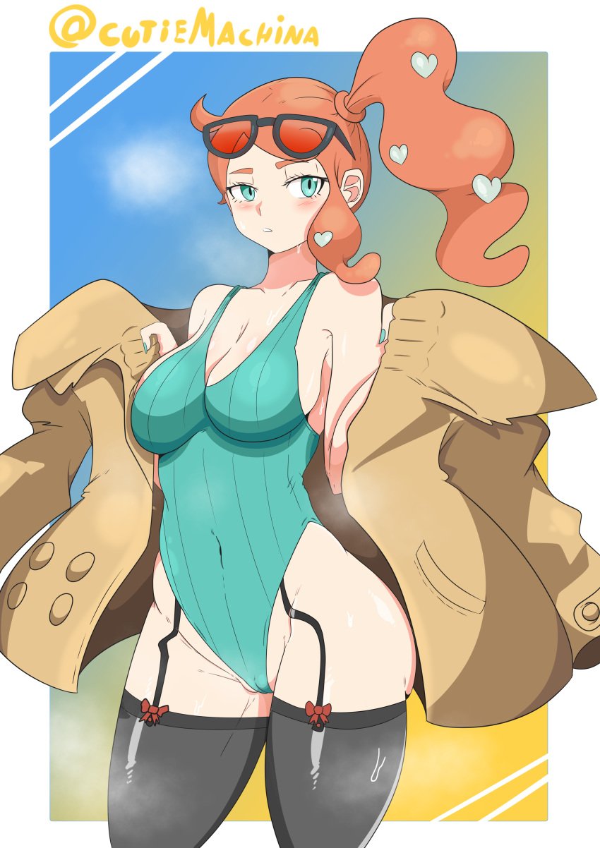 1girls aqua_eyes aqua_nails artist_name black_thighhighs blush breasts coat curvy cutiemachina female glasses hair_ornament lingerie nintendo orange_hair pale-skinned_female pale_skin pokemon pokemon_ss ponytail side_ponytail solo sonia_(pokemon) standing sunglasses_on_head sweat thick_thighs thighhighs thighs wide_hips