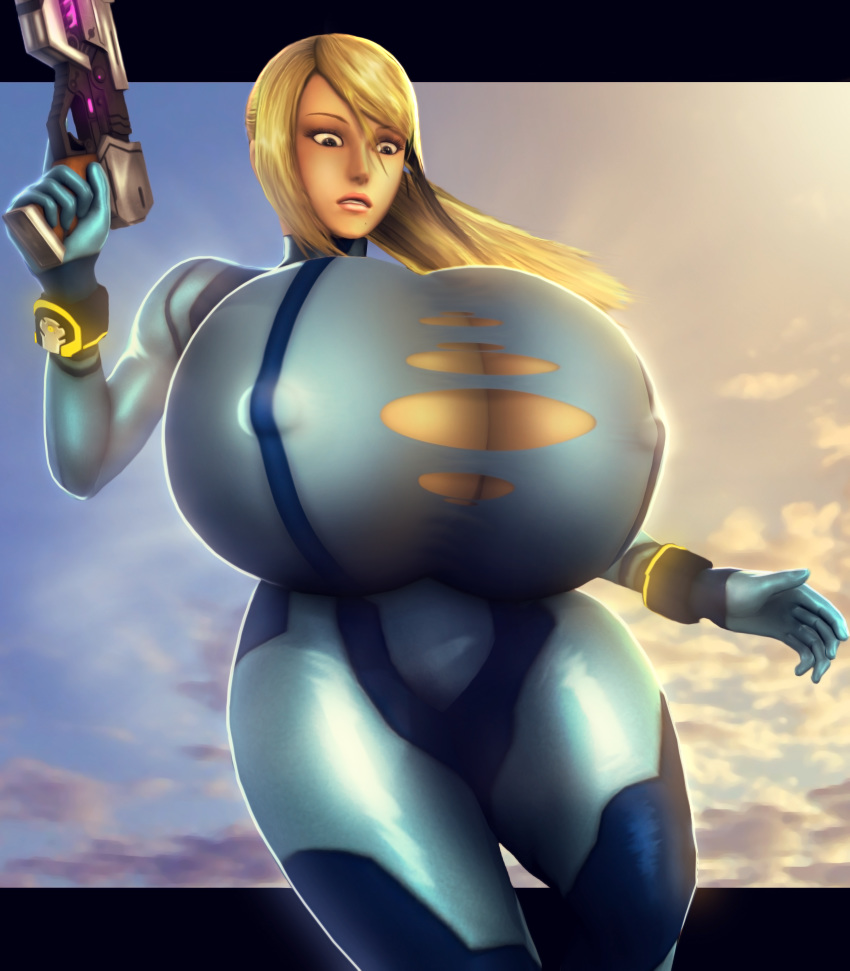 1girls 3d 3d_(artwork) alternate_breast_size blaster breast_expansion breast_inflation breasts breasts_bigger_than_head bursting_breasts female female_only hyper hyper_breasts metroid nintendo nipple_bulge raikovjaba samus_aran solo super_smash_bros. tagme tearing_clothes thick_thighs zero_suit zero_suit_samus