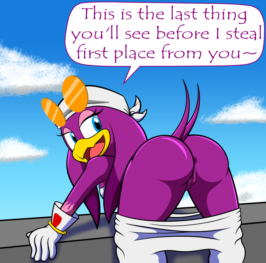 absurd_res anthro anus ass ass_shot avian bird english_text female genitals hi_res hirundinid marcodile oscine passerine presenting presenting_hindquarters pussy sega solo sonic_(series) sonic_riders sonic_the_hedgehog_(series) swallow_(bird) text video_games wave_the_swallow