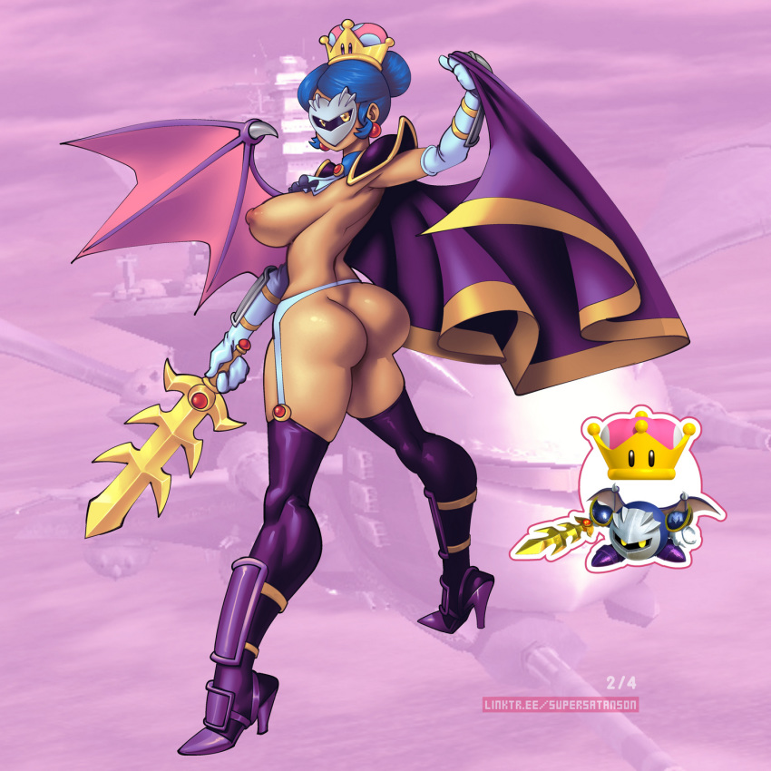 1girls areolae ass big_ass breasts cape demon_wing female female_only galaxia_(kirby) garter_belt gender_transformation kirby_(series) looking_back mario_(series) mask meta_knight new_super_mario_bros._u_deluxe nipples panty_pull rule_63 super_crown supersatanson thighhighs