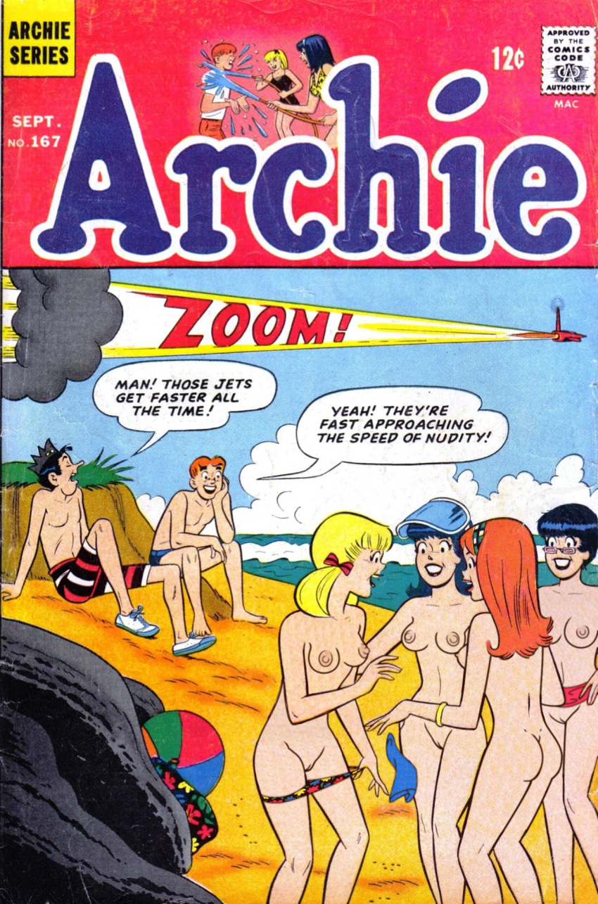 2boys 4girls airplane archie_andrews archie_comics areolae barefoot beach_ball belt betty_cooper black_hair blonde_hair bracelet breasts casual clothed_male_nude_female comic_cover erect_nipples face_shield feet_out_of_frame female ginger_hair glasses handkerchief headband human jet jughead_jones male nipples pale_skin public red_hair shaved_pussy shirtless shorts_pull sneakers swimwear teenage_boy teenager tied_hair twintails undressing veronica_lodge