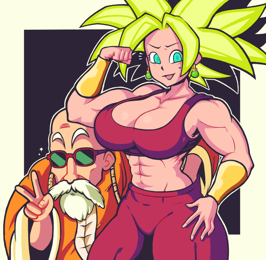 1boy 1girls big_breasts breasts cleavage clothed_female dragon_ball dragon_ball_super earrings female fusion green_eyes green_hair kefla larger_female legendary_super_saiyan light-skinned_female light_skin male master_roshi potara_earrings saiyan short_hair smaller_male solo_female spiky_hair straight super_saiyan super_saiyan_2 tecfuzz