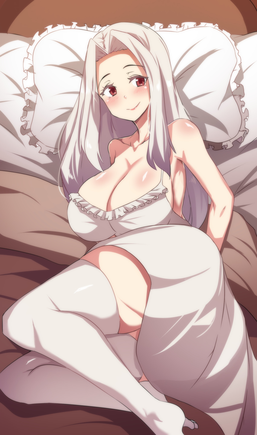 1girls breasts cleavage dress fate_(series) hinghoi irisviel_von_einzbern large_breasts legwear on_side red_eyes solo stockings tagme thick_thighs thighhighs white_dress white_legwear white_stockings