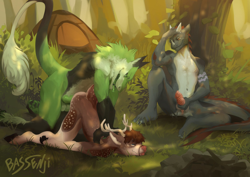 anal anal_sex anthro anthro_on_anthro anthro_penetrated anthro_penetrating anthro_penetrating_anthro bassenji being_watched camping cervid dragon forest genitals grin group hi_res looking_at_another looking_pleasured male male/male male_penetrated male_penetrating male_penetrating_male mammal masturbation outside penetration penile penile_masturbation penis pinned pinned_to_floor predator/prey rufusdurr sergal smile tongue tongue_out tree waiting