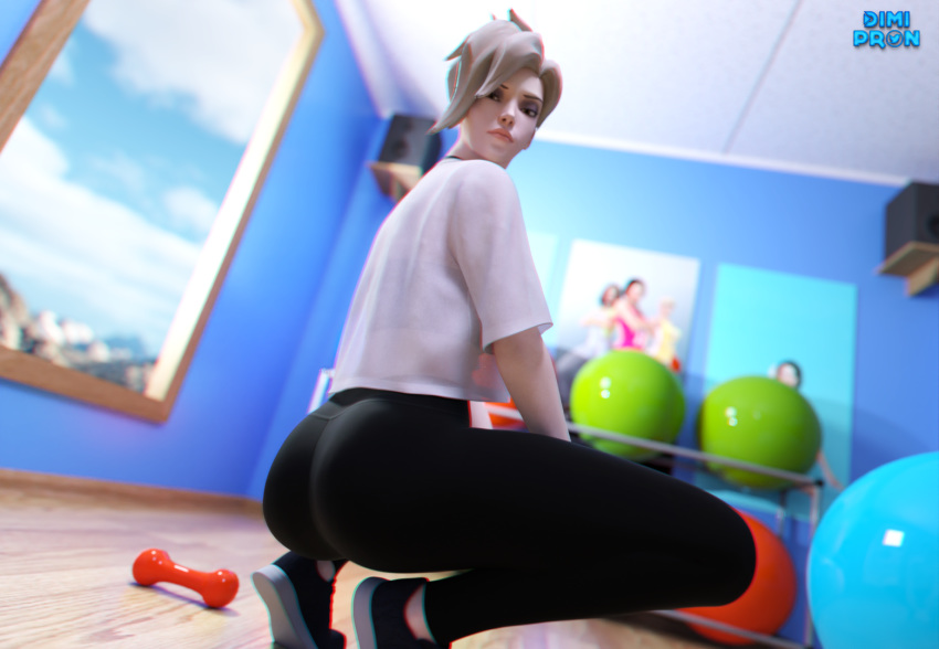 3d ass blender blonde_hair brown_eyes daz3d daz_studio dimipron fitness gym leggings looking_at_viewer mercy overwatch pale-skinned_female solo