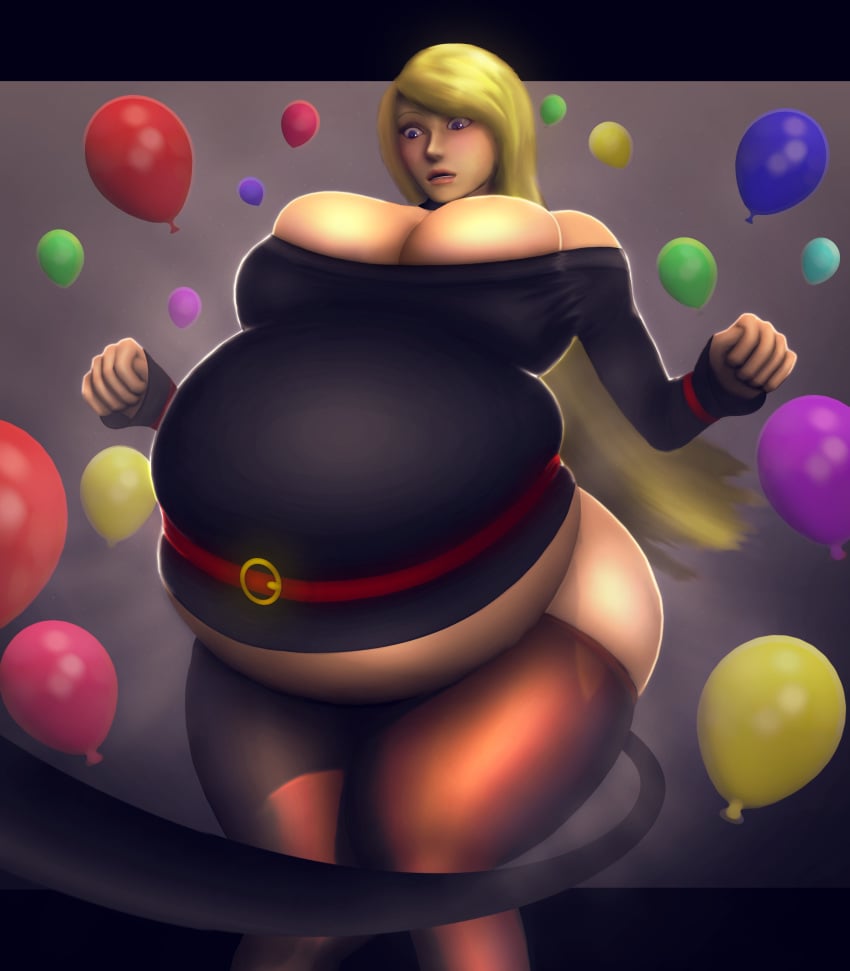 3d 3d_(artwork) balloons belly_inflation big_breasts blonde_hair blue_eyes butt_inflation hose hose_in_butt hose_inflation huge_ass inflation leggings michelle_(snow-chan) raikovjaba red_belt thick_thighs