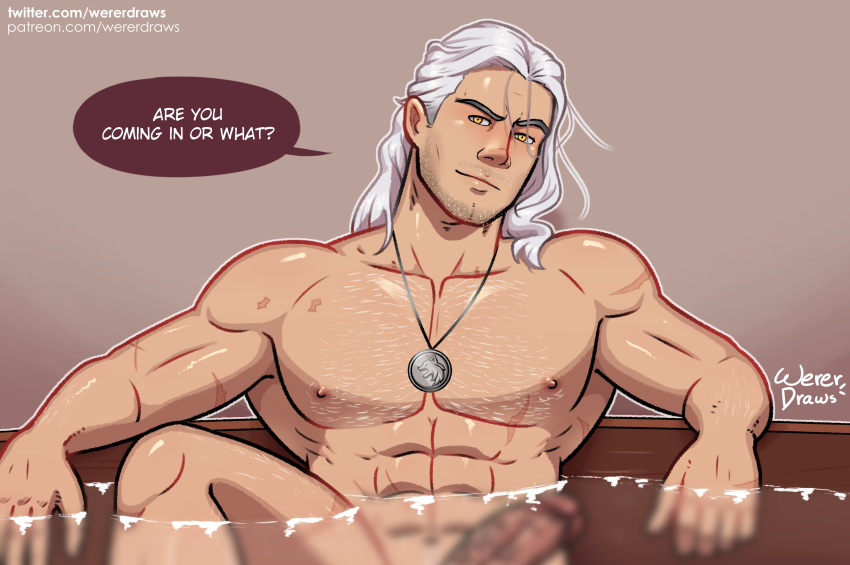 1boy abs bare_chest bath bathtub cd_projekt_red chest_hair english_text erect_nipples erection geralt_of_rivia inviting_to_sex long_hair long_hair_male looking_at_viewer male_only muscular_male nude_male pecs penis scars seductive_look the_witcher_(netflix) the_witcher_(series) veiny_penis water wererdraws white_hair yellow_eyes