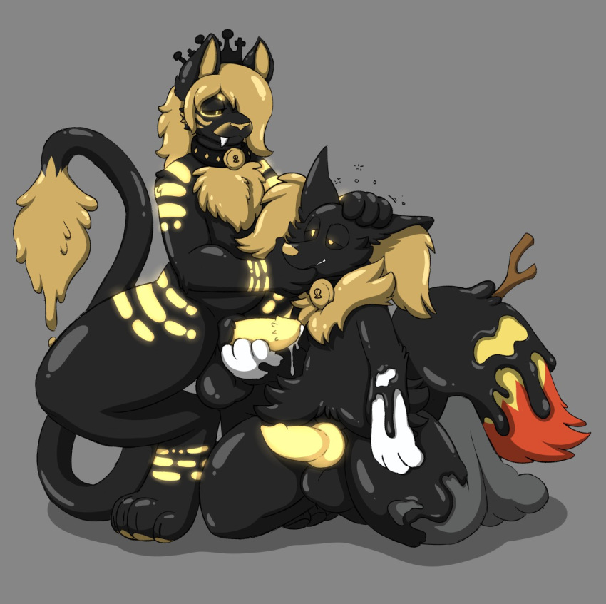 animal_genitalia animal_penis anthro assimilation balls black_balls black_body black_goo black_sclera black_tail blonde_hair bodily_fluids braixen canine_penis chest_tuft collar collar_only cougar crisstail crouching crown cura_(curacougar) duo erection fangs felid feline feline_penis front_view fur furry genital_fluids genitals goo_transformation grey_background grey_body grey_fur hair half-closed_eyes head_grab hi_res hypnosis inner_ear_fluff kneeling knot latex_transformation living_latex male male/male mammal mind_control narrowed_eyes nintendo penile_spines penis penis_grab pokémon_(species) pokemon pokemon_(species) precum precum_drip rubber simple_background transformation tuft video_games white_body white_fur yellow_eyes yellow_penis yellow_tail