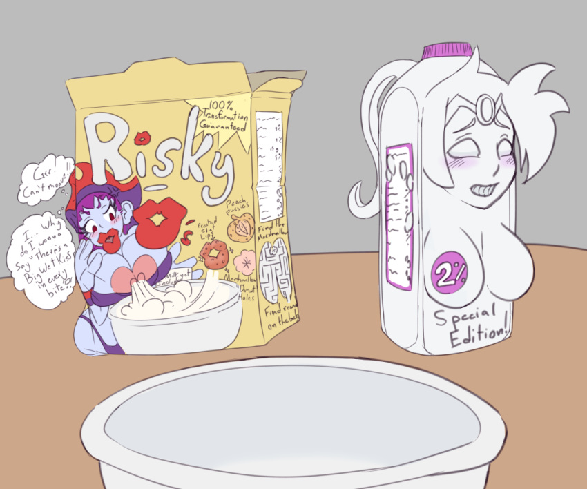 2girls blush bowl breakfast cardboard_box cereal english_text female female_only food implied_transformation inanimate inanimate_transformation mascot milk milk_bottle milk_carton multiple_girls objectification png purple_skin risky_boots shantae shantae_(character) smooth_skin tagme text thetransformtentacle thick_lips transformation what