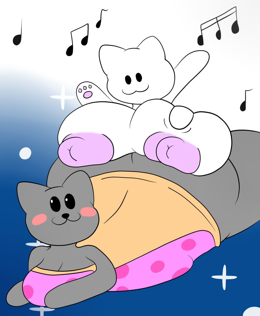 2girls :3 anthro ass blush bongo_cat breasts dress feline large_breasts laying_down meme multiple_girls music_note nipples nyan_cat nyan_cat:_lost_in_space on_top pink_nipples pop-tarts silly_cats space tail terebision