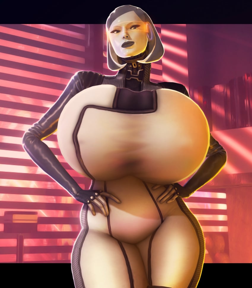 1girls 3d alternate_breast_size android breast_expansion breast_inflation breasts breasts_bigger_than_head edi female female_only fingerless_gloves gigantic_breasts hands_on_hips huge_breasts jumpsuit looking_at_viewer mass_effect nipple_bulge non-mammal_breasts orange-tinted_eyewear raikovjaba solo thick_thighs tight_clothing tinted_eyewear visor