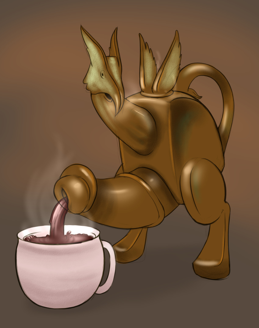 2016 animate_inanimate armless avian beak beverage big_penis brown_background brown_beak brown_body brown_penis brown_wings cup erect_penis erection facing_viewer feral full_body genitals gradient_background gryphon handle hi_res hind_legs humanoid_genitalia humanoid_penis long_neck looking_at_viewer male male_focus medial_ring mythological_avian mythology no_arms open_mouth penis pouring pouring_liquid pouring_tea simple_background solo standing steam tea tea_cup teacup teapot thick_penis three-quarter_view uncensored what wings yowesephth