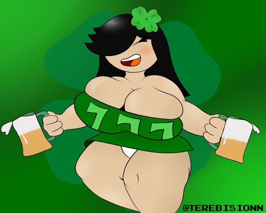 beer black_hair dress four_leaf_clover green hair_over_one_eye happy panties skip st._patrick's_day terebision