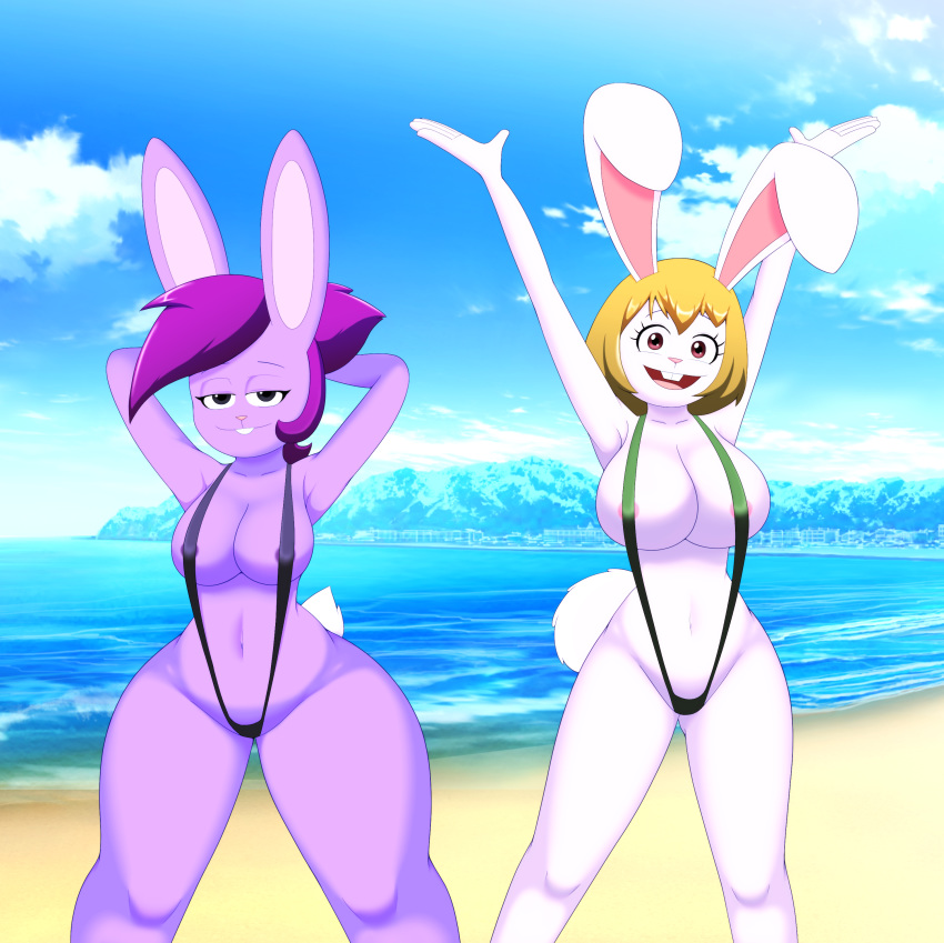 2020 4_fingers absurd_res anthro beach big_breasts bikini black_eyes blonde_hair breasts buckteeth bunny_enid carrot_(one_piece) cartoon_network clothing dr._chaos duo enid female female_only fingers fur hair half-closed_eyes hands_behind_head hi_res lagomorph leporid looking_at_viewer mammal narrowed_eyes navel ok_k.o.!_let's_be_heroes one_piece open_mouth pink_nose purple_body purple_fur purple_hair rabbit red_eyes seaside sling_bikini swimwear teeth thick_thighs tongue white_body white_fur