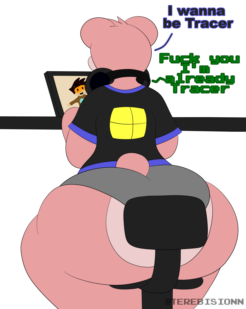 1boy anthro ass bear bovine butt chair cipher_pilot english_text furry headphones laptop large_ass large_butt male male_focus meme overwatch pink_fur shirt solo tail terebision text tracer underwear