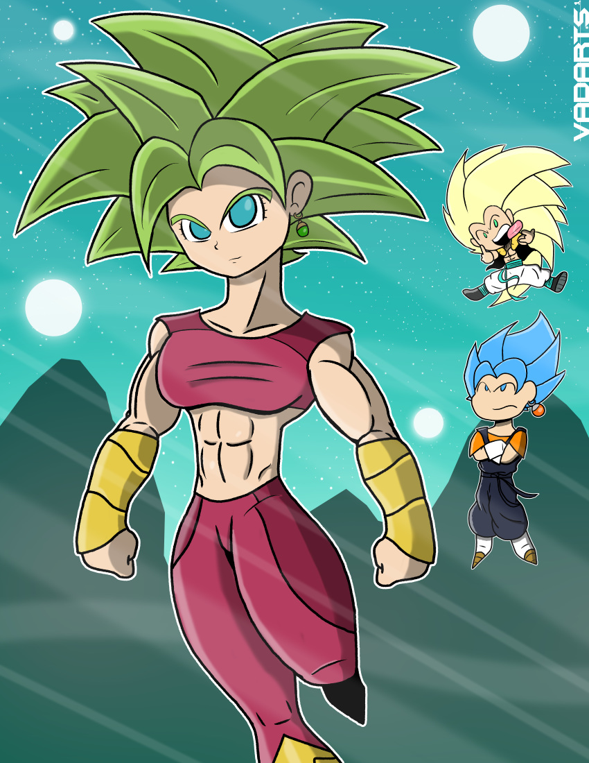 1girls 2boys abs aqua_eyes arms_crossed artist_name blonde_hair blue_hair crop_top dragon_ball dragon_ball_super earrings female fusion gold_bracelet gotenks green_hair kefla long_hair metamoran_clothing multiple_boys muscles muscular muscular_female open_mouth pink_pants potara_earrings saiyan smirk smirking spiky_hair sports_bra sportswear super_saiyan super_saiyan_3 super_saiyan_blue tongue tongue_out vadarts vegito