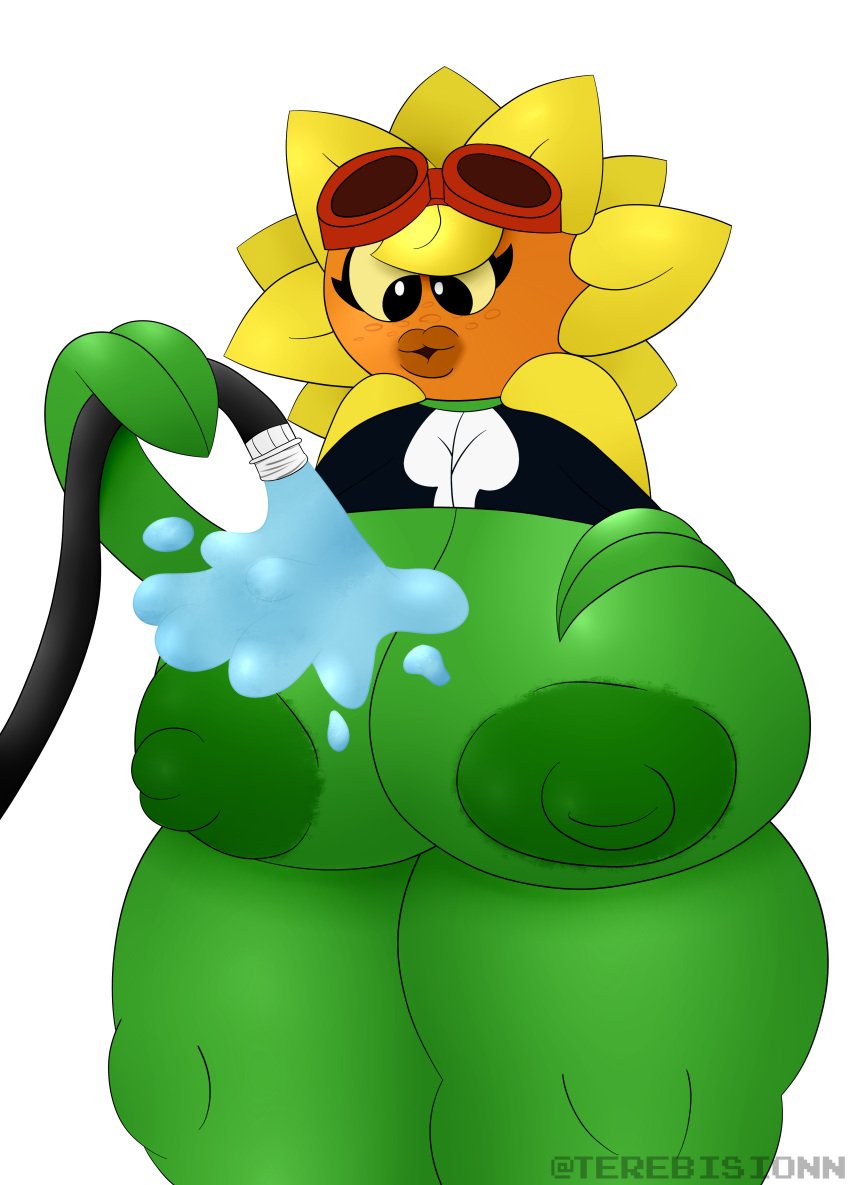 breasts eyelashes freckles goggles_on_head green_skin hose large_breasts leaves lips plant plantie plants_vs_zombies plants_vs_zombies:_heroes popcap_games small_shirt solar_flare_(pvz) sunflower terebision thick_thighs water