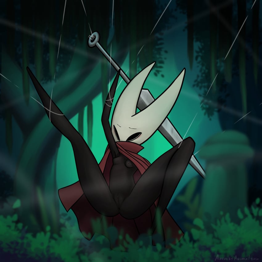 1:1 anearbyanimal anthro anus blush breasts cloak clothing embarrassed embarrassed_nude_female enf entangled female forest genitals hi_res hollow_knight hornet_(hollow_knight) pussy restrained small_breasts solo suspended_in_midair team_cherry tree video_games weapon