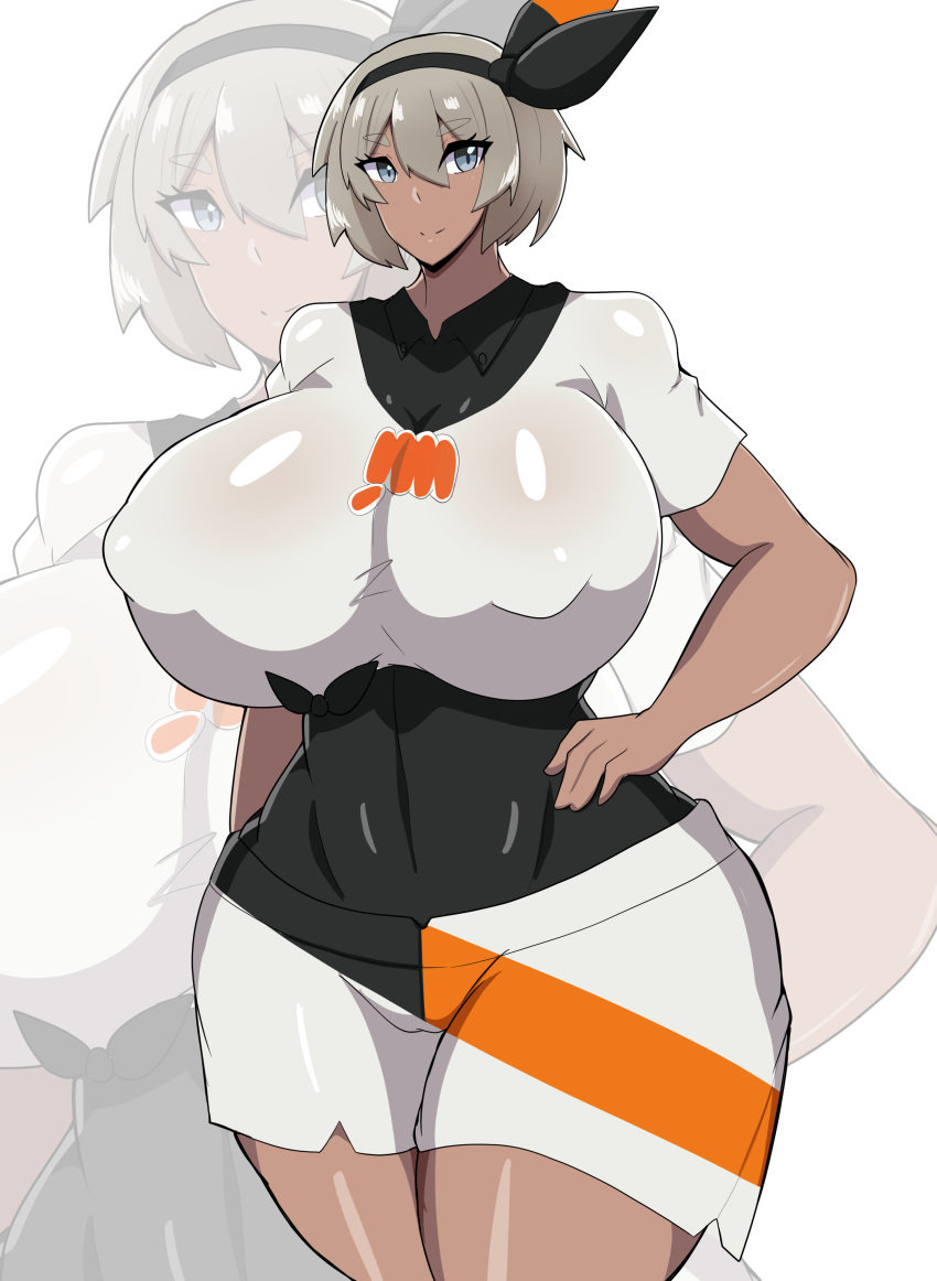 1girls alternate_body_type alternate_breast_size ayamahi bea_(pokemon) big_breasts dark-skinned_female dark_skin female female_only female_solo grey_hair hairband huge_breasts huge_thighs large_breasts minishorts nintendo pokemon pokemon_ss short_hair shorts solo solo_female thick_thighs wide_hips