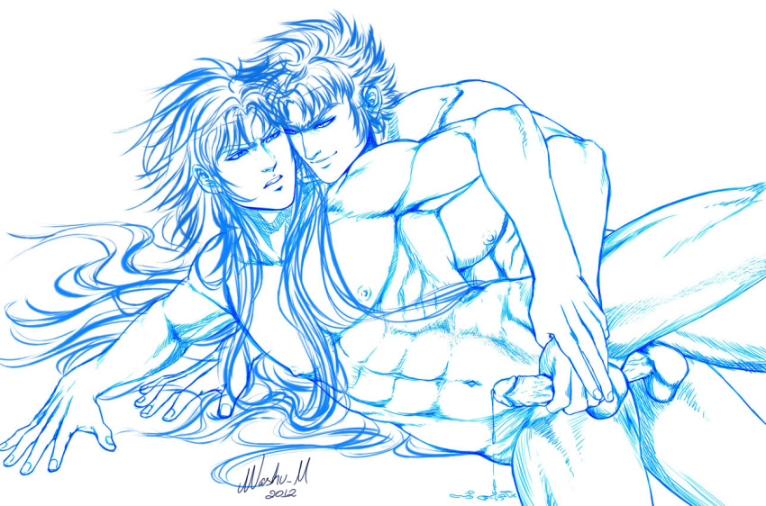 2boys anal_sex bishonen cum_while_penetrated dripping_cum embrace gay gemini_saga handjob human human_only limited_palette long_hair long_hair_male male male/male male_on_male male_only muscular_male nude_male penis reach_around saint_seiya smirk spoons_position testicles washum wyrven_rhadamanthys yaoi