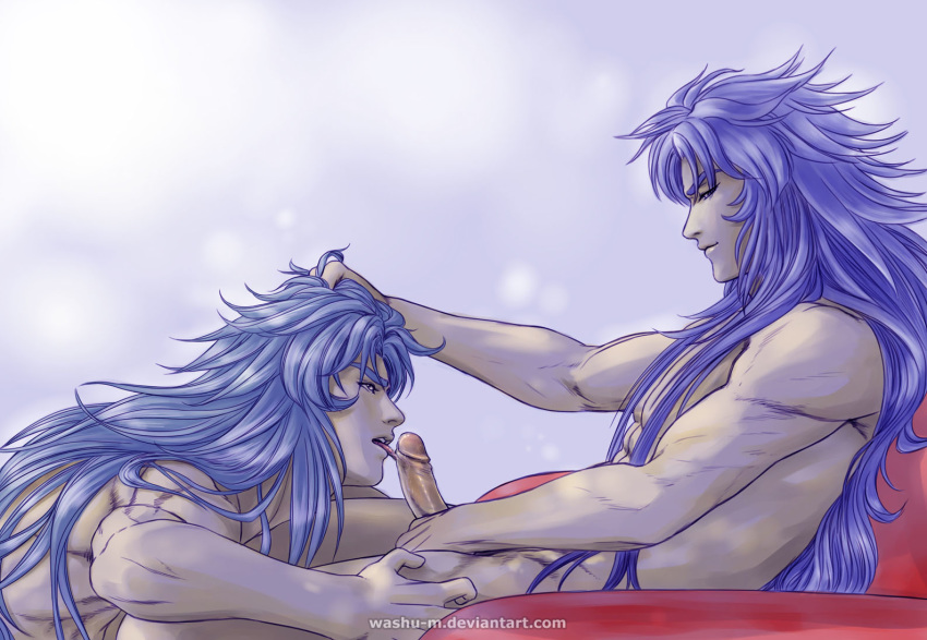 bishonen blowjob blue_hair eye_contact gay gemini_kanon gemini_saga grabbing_hair licking_penis long_hair long_hair_male male_only nude_male penis purple_hair saint_seiya washum yaoi