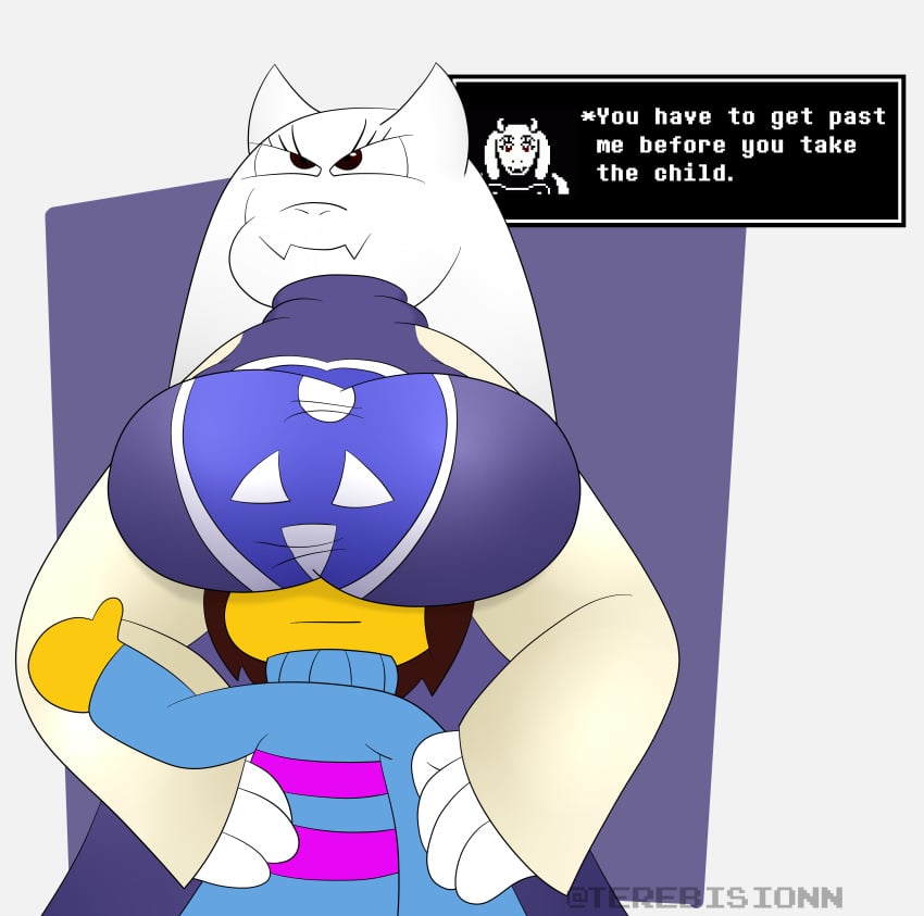 animal anthro breast breasts frisk goat goat_horns holding size_difference terebision text thumbs_up toriel under_boob undertale