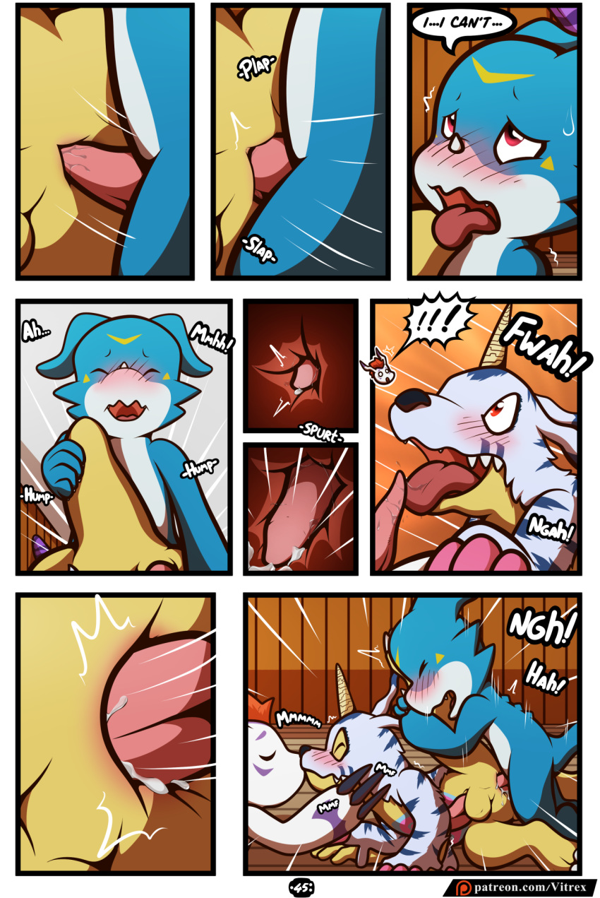 anal anal_penetration anal_sex animal_genitalia anthro anthro_on_anthro anthro_on_feral anthro_penetrated anthro_penetrating anthro_penetrating_anthro anus ass balls blush bodily_fluids claws comic cum cum_in_ass cum_inside dialogue digimon digimon_(species) digital_media_(artwork) ejaculation english_text erection fangs fellatio feral fur gabumon genital_fluids genitals gomamon group group_sex hair hi_res horn internal male male/male male_penetrated male_penetrating male_penetrating_male nude open_mouth oral orgasm penetration penile penile_penetration penis penis_in_ass sex sideways text threesome tongue tongue_out veemon vitrex white_body white_fur