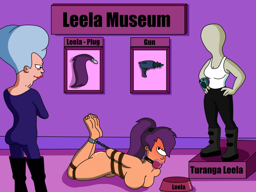 angry ball_gag blush bondage chakoozie embarrassed futurama gag gagged helpless hogtie mom mom_(futurama) mother museum naked naked_hogtie trophy turanga_leela