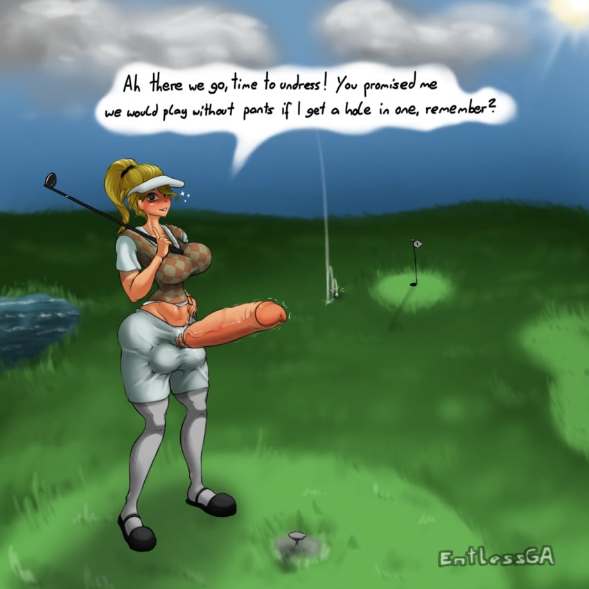 1futa big_balls big_breasts big_penis blonde_hair blush brown_eyes cap dickgirl entlessga erection full-package_futanari futanari golf huge_cock pants ripped_clothing ripped_pants shirt solo solo_futa stockings striped striped_shirt text vest wide_hips