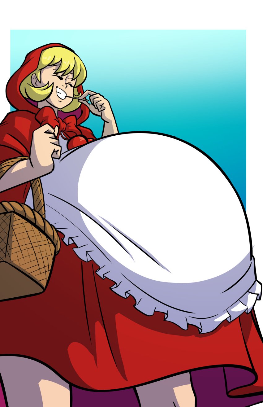 axel-rosered baby_bonnie_hood basket big_belly blonde_hair capcom closed_eyes clothing darkstalkers dress hood red_hood simple_background smiling stuffing tagme toothpick