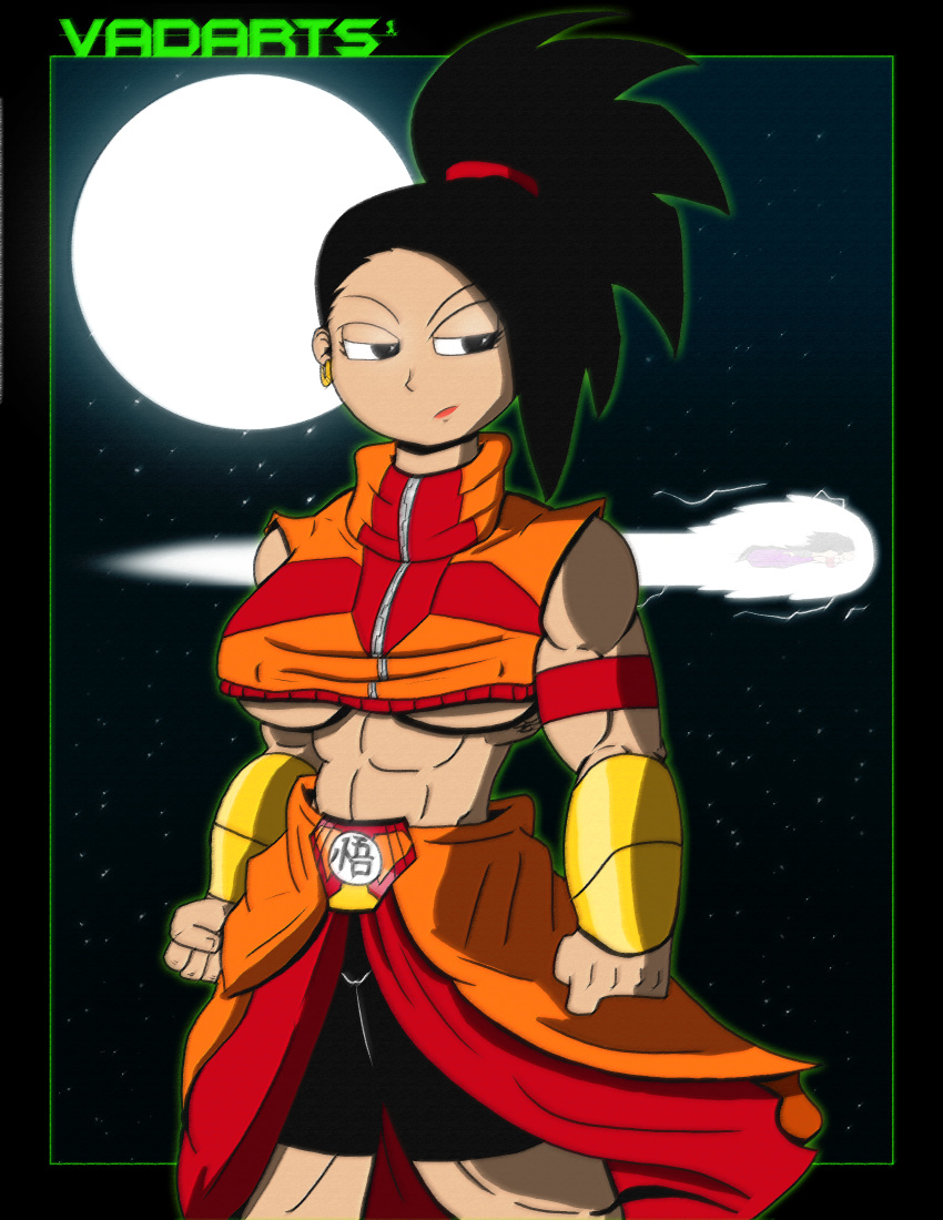 1girls abs alternate_costume artist_name black_eyes black_hair black_shorts breasts caulifla dragon_ball dragon_ball_super earrings female female_focus female_only full_moon gold_bracelet half-closed_eyes kale kanji looking_to_the_side moon muscles muscular muscular_female night ponytail red_armwear red_hair_ribbon saiyan serious solo solo_female solo_focus spiky_hair thick thick_thighs thighs underboob vadarts zipper