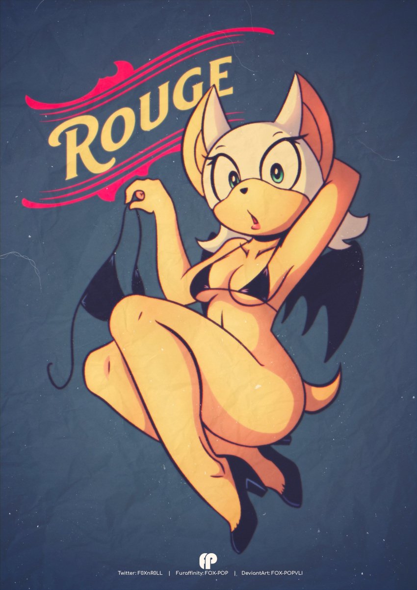 anthro bat bat_wings bikini bottomless female female_only fox-pop hi_res high_heels highres pinup rouge_the_bat solo sonic_(series) swimsuit white_hair