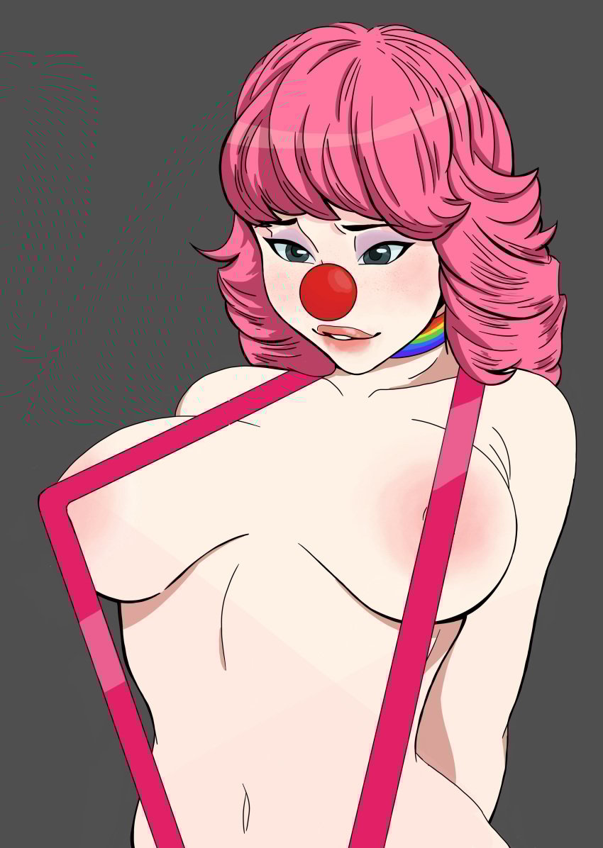 1girls armwear big_breasts breasts choker clown clown_girl clown_nose clussy elbow_gloves eyelashes eyeshadow female fringe geiru_toneido green_eyes gyakuten_saiban imhelplesss lips looking_down pale_skin pink_hair pleasure_face seductive_look slim suspenders