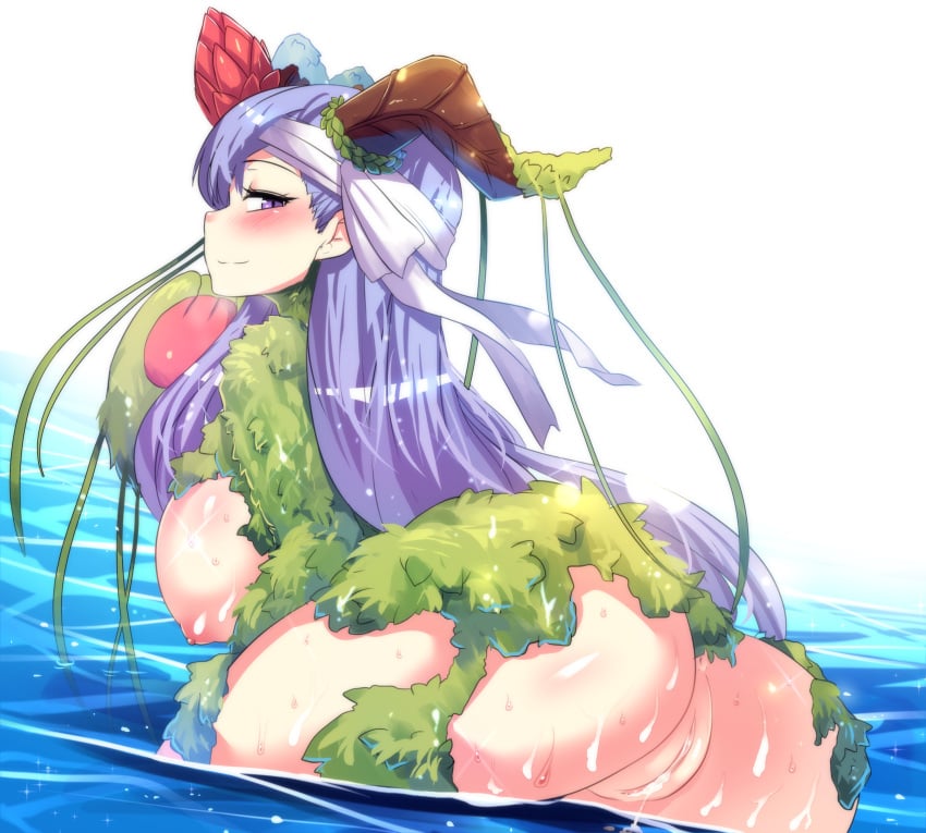 flower_knight_girl horns large_breasts moss nipples plant_girl protea_(flower_knight_girl) purple_eyes purple_hair pussy tagme thick_thighs