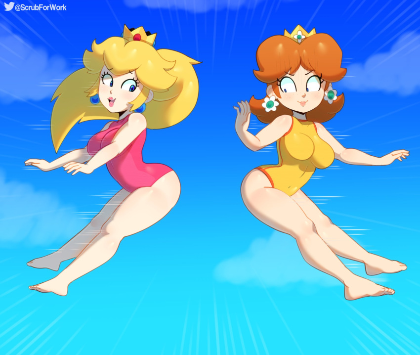 2girls ass barefoot big_ass big_breasts blonde_hair blue_eyes breasts brown_hair bubble_butt cleavage cloud crown earrings feet female female_only full_body large_breasts long_hair looking_at_another looking_back mario_(series) multiple_girls nintendo one-piece_swimsuit outdoors peach_bomber pink_swimsuit princess_daisy princess_peach sky somescrub super_smash_bros. swimsuit thick_thighs twitter wide_hips yellow_swimsuit