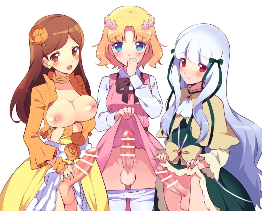 3futas areolae balls balls_under_clothes bar_censor blonde_hair blush bottomless_skirt breasts brown_hair censored clothed clothing curvy dress dress_lift embarrassed erect_nipples erection erection_under_clothes erection_under_skirt flat_chest functionally_nude futa_only futa_sans_pussy futanari horny intersex large_breasts large_penis maria_campbell mary_hunt mosaic_censoring nipples otome_game_no_hametsu_flag_shika_nai_akuyaku_reijou_ni_tensei_shite_shimatta partially_clothed penis penis_out penis_under_clothes penis_under_skirt presenting presenting_penis shy skirt skirt_lift sophia_ascart white_hair yu11ma11