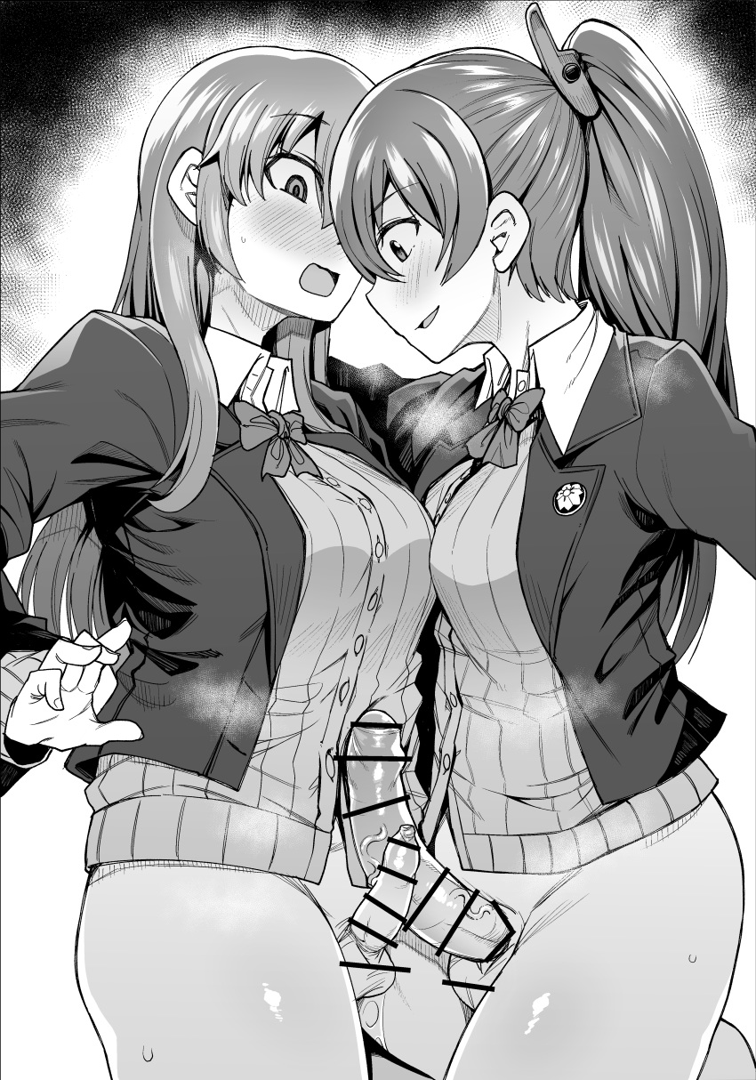 2futas absurdres balls ballsack bar_censor blush bottomless cardigan censored clothed clothing erection foreskin frottage futa_only futa_with_futa futanari greyscale highres human intact jacket kaauchi kantai_collection kumano_(kantai_collection) long_hair long_sleeves monochrome multiple_girls multiple_penises neck_ribbon open_mouth partially_retracted_foreskin penis penis_size_comparison penis_size_difference penises_touching ponytail ribbon scrotum shaved_crotch small_penis small_penis_humiliation smooth_penis suzuya_(kantai_collection) testicles topwear uncut unretracted_foreskin veiny_penis white_background wide_eyed