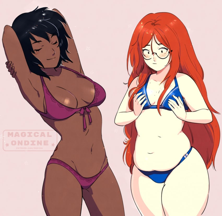 2girls bikini black_hair blue_bikini breast_envy breasts chubby chubby_female closed_eyes dark-skinned_female dark_skin eyeglasses eyes_wide_open eyewear female female_only geek glasses hands_on_breasts hands_on_own_breasts hands_on_own_chest jealous light-skinned_female light_skin magical_ondine nerd nerdy nerdy_female out_of_shape pale-skinned_female pale_skin purple_bikini red_hair self_aware small_breasts very_long_hair