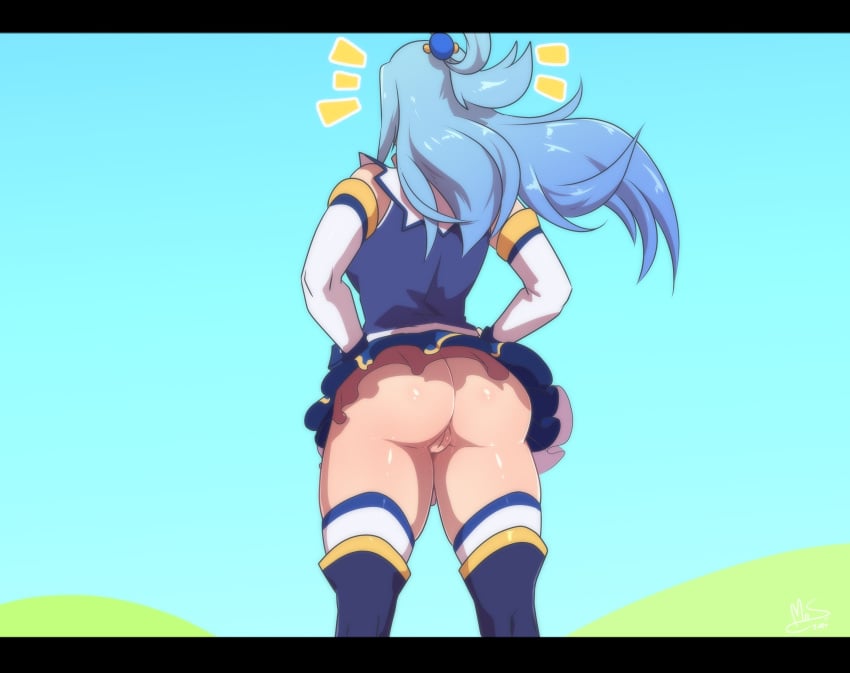 1girls aqua_(konosuba) ass back big_ass boots female kono_subarashii_sekai_ni_shukufuku_wo! legwear long_hair miniskirt mrsakai no_panties pale-skinned_female pale_skin pussy ryousakai skirt thick_thighs thighs